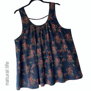 NATURAL LIFE | NWOT PURE COTTON FLORAL SLEEVELESS FLOWING TOP BLACK | LARGE